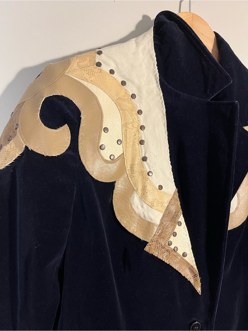 Navy Velvet Vintage Custom Upcycled Blazer Jacket Western Embellished - Picture 5 of 14